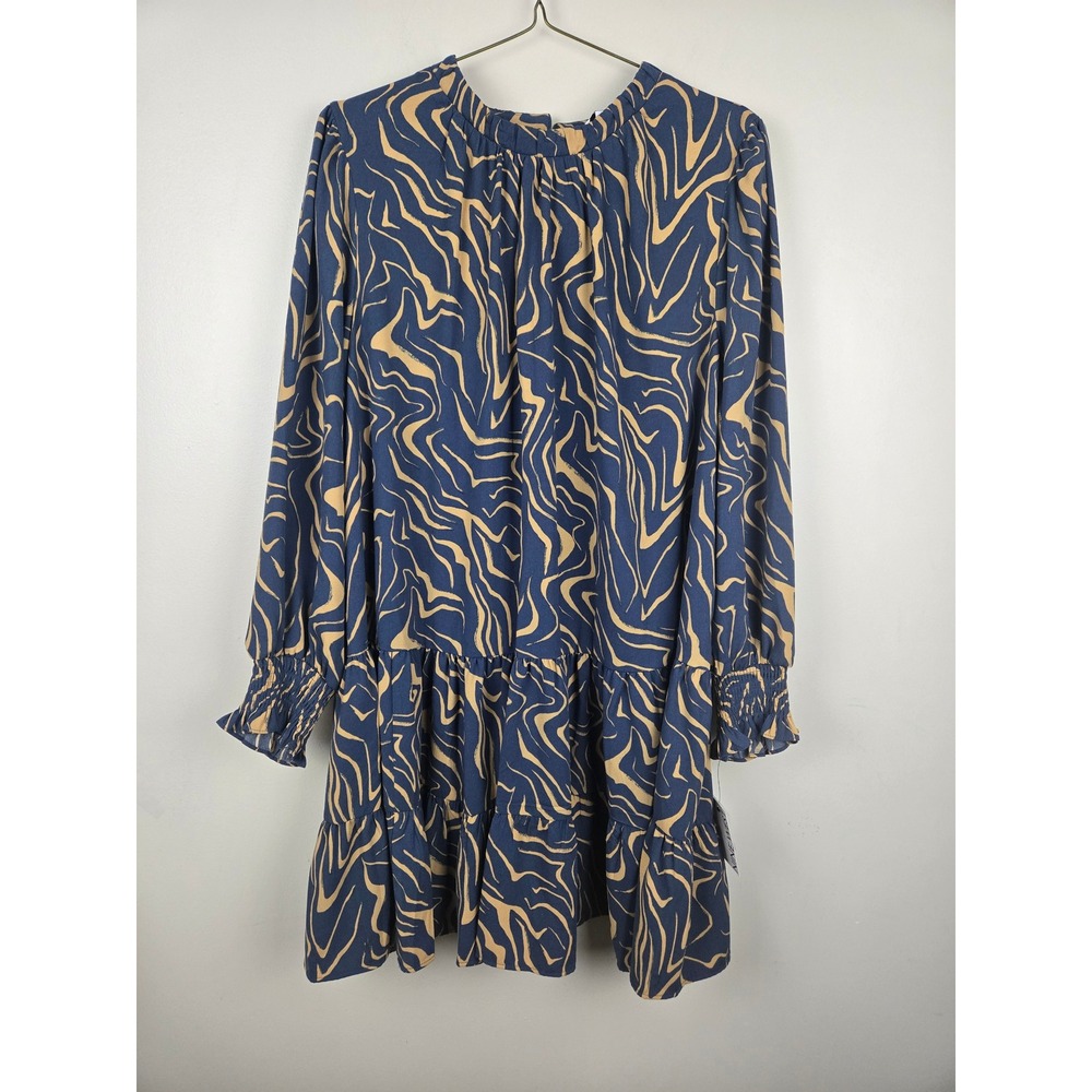 Nine West Womens Plus 2X Navy Tan Abstract Swirl‎ Long Sleeve Swing Dress